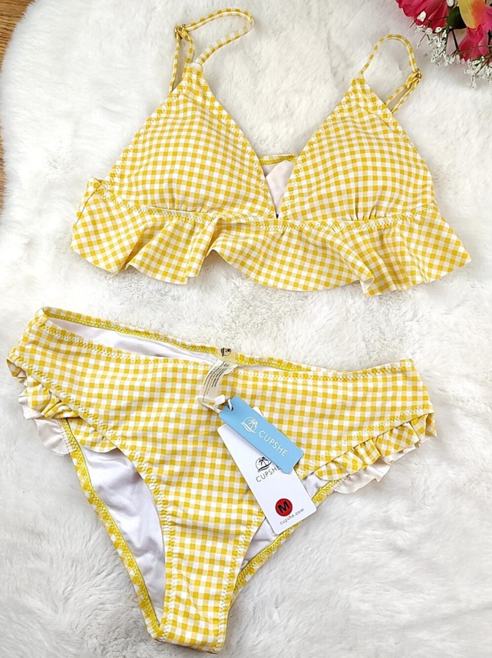Cupshe Yellow Gingham Ruffle Bikini Size Medium, New With Tags - Picture 16 of 16